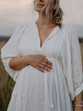 Chicnmom Vestido Largo Premamá Para Sesión De Fotos De Lino Con Escote Pico Y Manga Farol Para Embarazadas Boho