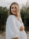 Chicnmom Vestido Largo Premamá Para Sesión De Fotos De Lino Con Escote Pico Y Manga Farol Para Embarazadas Boho