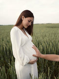 Chicnmom Mama Vestido blanco con escote en V profundo, manga farol, holgado, elegante, para vacaciones, YBoh ho, sesión de fotos de maternidad, vestido máximo