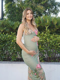 Chicnmom vestido verde con estampado floral para embarazadas perfecto para el verano y sesiones fotográficas