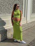 Chicnmom conjunto de maternidad verde de moda con cuello alto y crochet