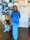 Chicnmom Vestido Largo De Ajustado Premama Fiesta Para Invitadas Con Pliegues Y Asimétrico Con Color En Azul Para Embarazadas Cóctel