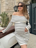 Chicnmom Vestido Corto De Premama Con Hombros Descubiertos Y Estampado En Rayas Vestido De Lactancia