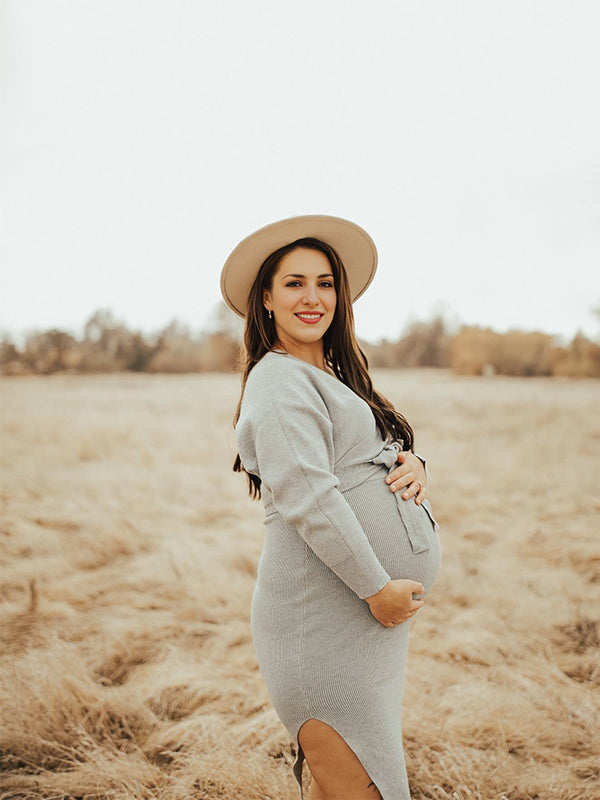 Chicnmom Vestido A Media Pierna Tejido Con Fajas De Color Liso Con Cuello En V Y Doble División Sin Espalda Bodycon Sesión De Fotos Suéter De Premamá