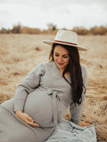 Chicnmom Vestido A Media Pierna Tejido Con Fajas De Color Liso Con Cuello En V Y Doble División Sin Espalda Bodycon Sesión De Fotos Suéter De Premamá