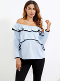 Chicnmom blusa de lactancia azul con volantes y hombros descubiertos