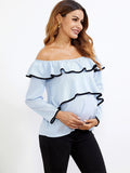 Chicnmom blusa de lactancia azul con volantes y hombros descubiertos