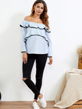 Chicnmom blusa de lactancia azul con volantes y hombros descubiertos