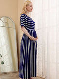 Chicnmom vestido largo de lactancia de maternidad azul marino con rayas