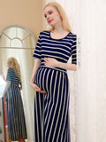 Chicnmom vestido largo de lactancia de maternidad azul marino con rayas