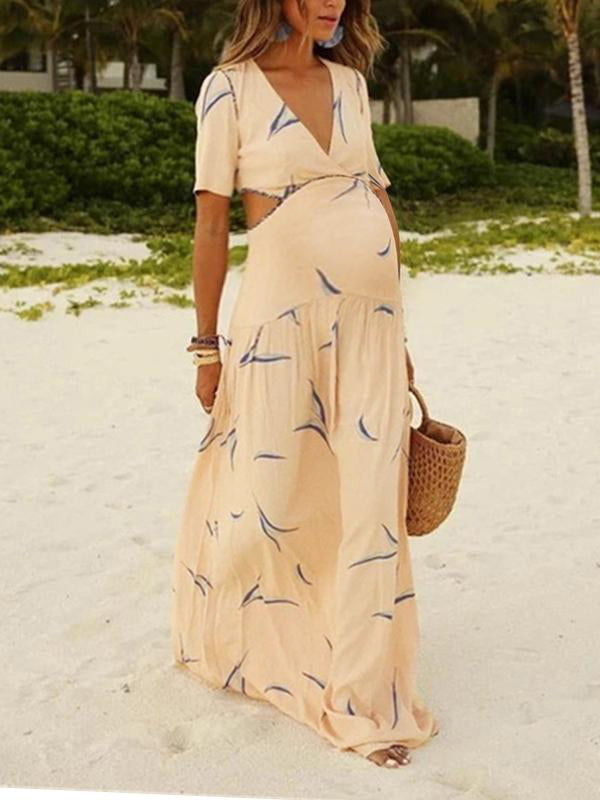 Chicnmom Vestidos Midi Estampados De Premamá Con Escote De Pico Y Recortes Calados Para Embarazadas Vacaciones