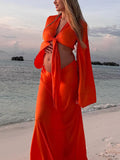 Chicnmom naranja conjunto de dos piezas manga acampanad vestido boho