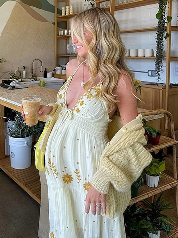 Chicnmom vestidos premamá amarillo claro vestido de verano bordado sin espalda