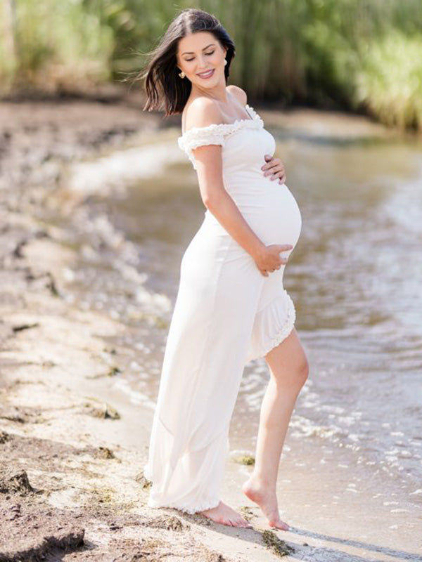 Chicnmom vestidos premamá blanco vestido fotográfico con dobladillo irregular y volantes