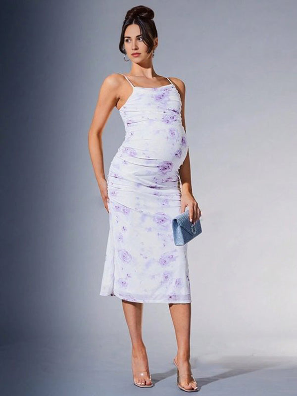 Chicnmom vestidos premamá morado claro vestido de verano con tirantes estampados