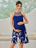 Chicnmom vestidos premamá azul oscuro talla grande vestido de verano hueco estampado