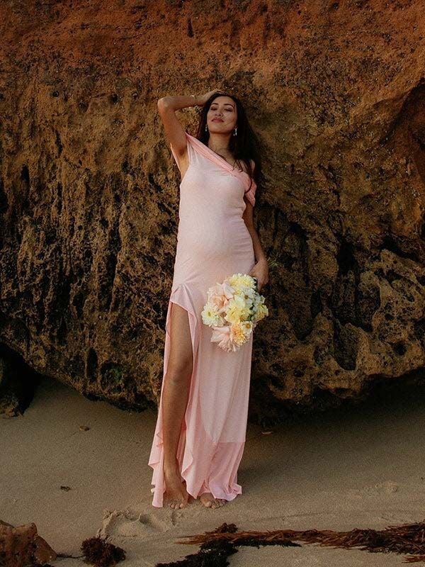 Chicnmom Vestidos largo Premamá Abertura Volantes Hombros descubiertos Rosa Fotografía