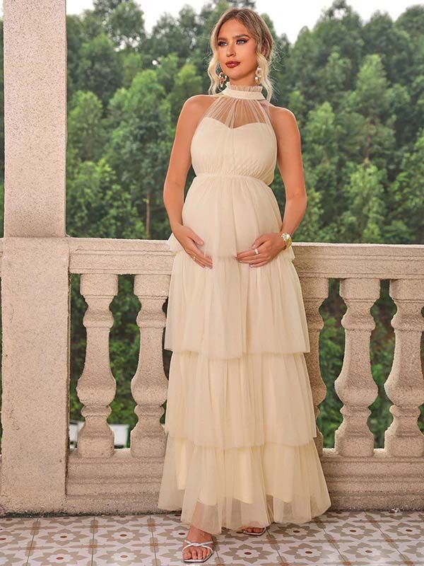 Chicnmom Vestidos largo Premamá Multicapa Tul Albaricoque