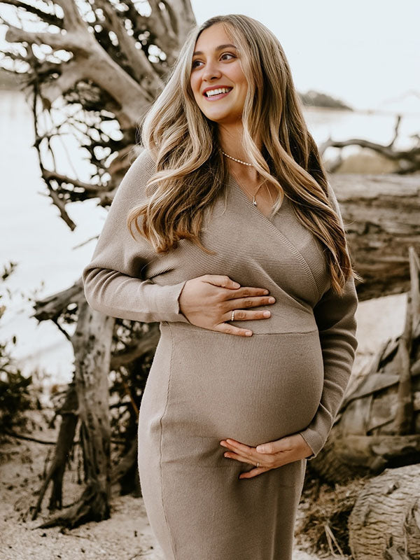 Chicnmom Vestido Embarazada Sesion Fotos de Punto y Ajustado con Cinturón y Espalda al Descubierto para Otoño y Invierno