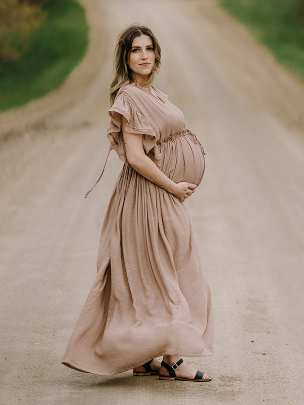 Chicnmom vestido premamá bohemio con volantes en color caqui