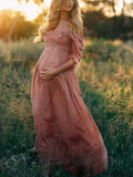 Chicnmom vestido de maternidad rosa boho con volantes y hombros descubiertos